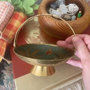 Brass Pedestal Trinket Basket with Painted Floral Interior